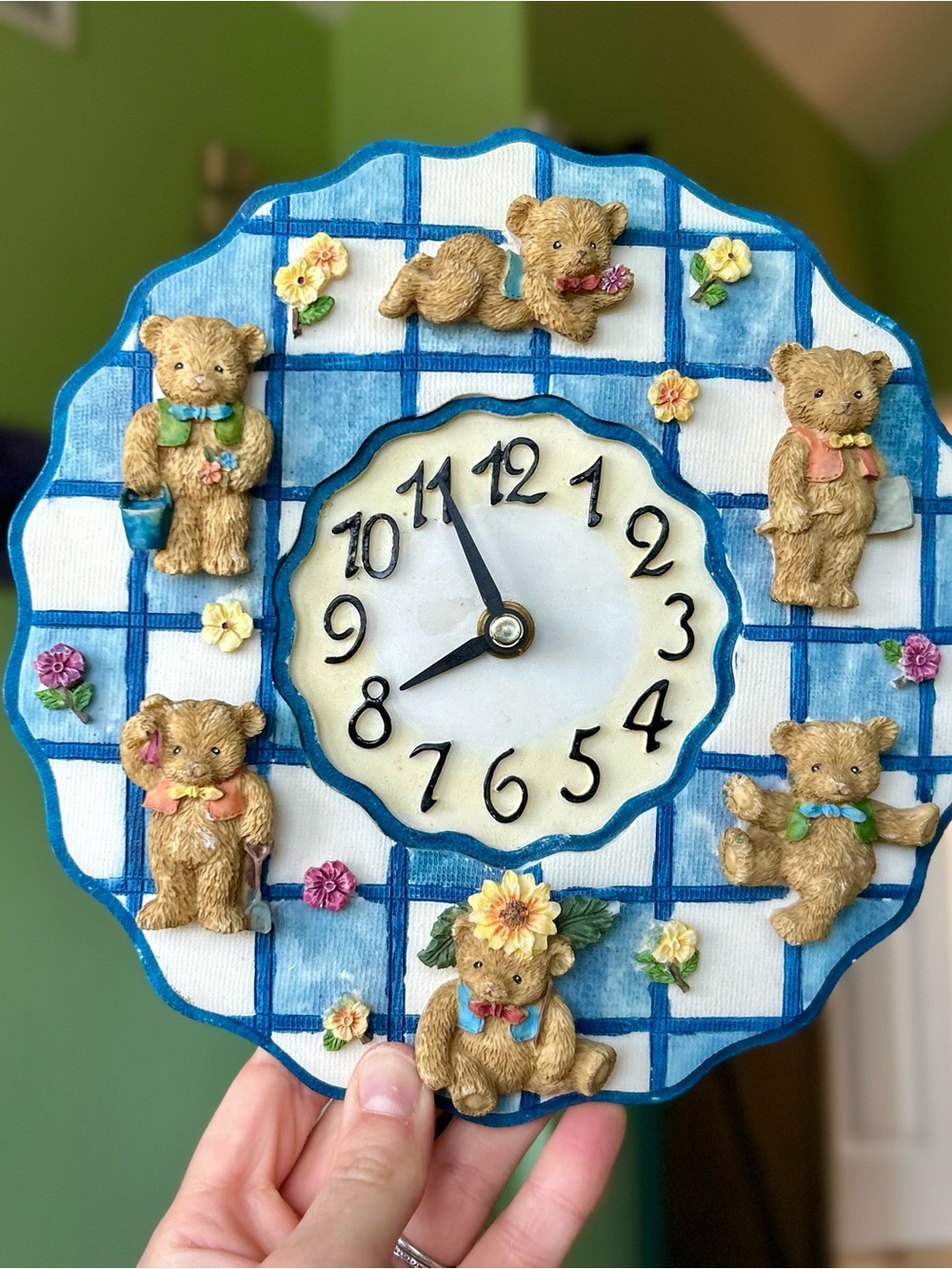 Vintage Charming Teddy Bear + Floral Blue Checkered Circle Wall Clock